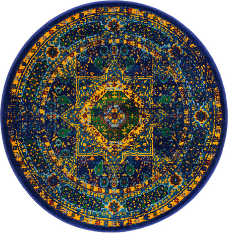 Navy Blue 4' 1 x 4' 1 Calypso Round Area Rug 100% Polypropylene With Cotton Backing Colorful Vivid Traditional Design Carpet for Living Office Dining Rooms for Sale at Rug Engine