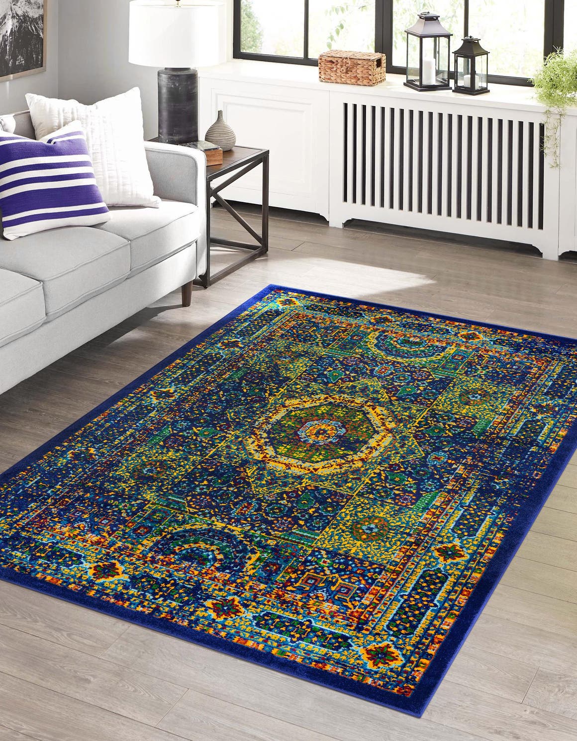 Navy Blue 7' 10 x 10' Calypso Rectangle Area Rug 100% Polypropylene With Cotton Backing Colorful Vivid Traditional Design Carpet for Living Office Dining Rooms for Sale at Rug Engine