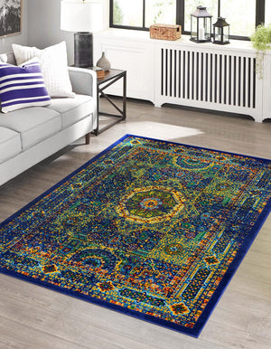 Navy Blue 5' 3 x 8' Calypso Rectangle Area Rug 100% Polypropylene With Cotton Backing Colorful Vivid Traditional Design Carpet for Living Office Dining Rooms for Sale at Rug Engine