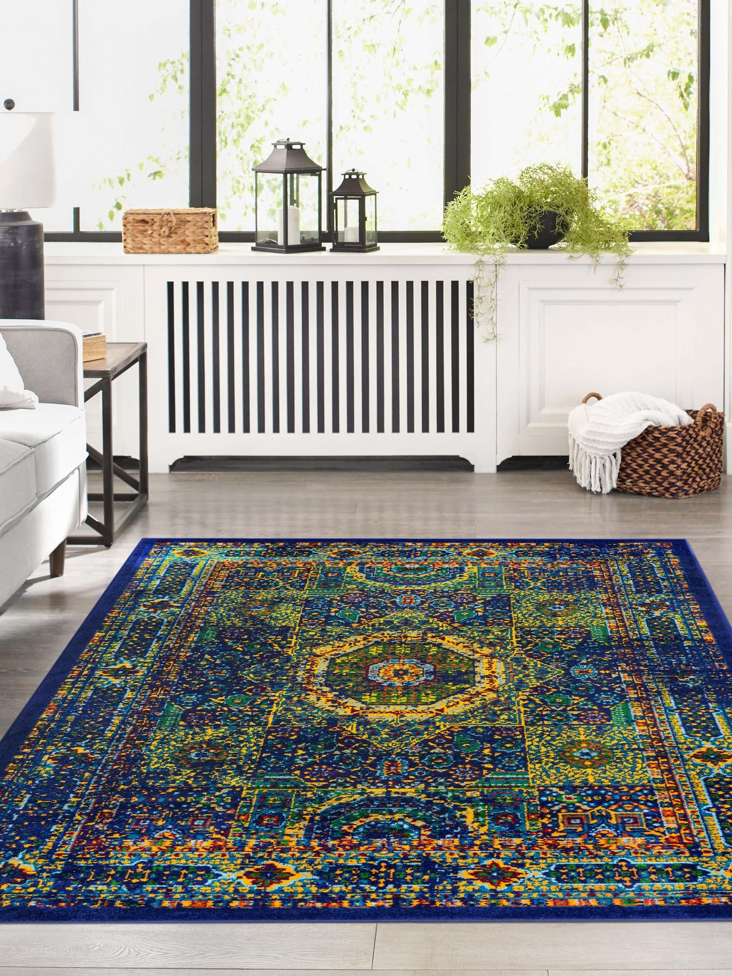 Navy Blue 9' x 12' Calypso Rectangle Area Rug 100% Polypropylene With Cotton Backing Colorful Vivid Traditional Design Carpet for Living Office Dining Rooms for Sale at Rug Engine