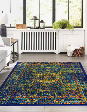 Navy Blue 9' x 12' Calypso Rectangle Area Rug 100% Polypropylene With Cotton Backing Colorful Vivid Traditional Design Carpet for Living Office Dining Rooms for Sale at Rug Engine