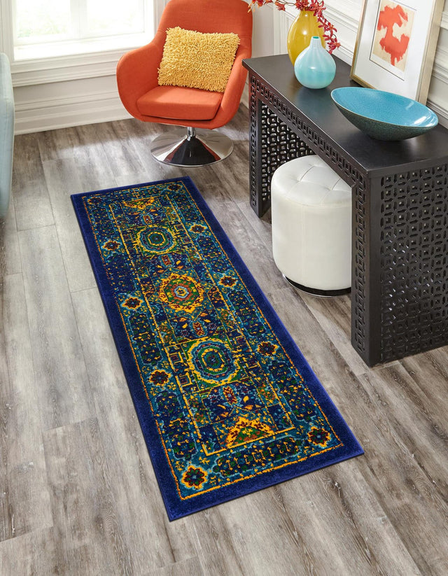 Navy Blue 2' 7 x 12' Calypso Runner Area Rug 100% Polypropylene With Cotton Backing Colorful Vivid Traditional Design Carpet for Living Office Dining Rooms for Sale at Rug Engine