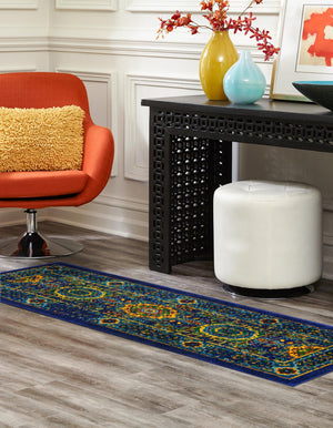 Navy Blue 2' x 6' 1 Calypso Runner Area Rug 100% Polypropylene With Cotton Backing Colorful Vivid Traditional Design Carpet for Living Office Dining Rooms for Sale at Rug Engine