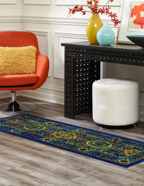 Navy Blue 2' x 6' 1 Calypso Runner Area Rug 100% Polypropylene With Cotton Backing Colorful Vivid Traditional Design Carpet for Living Office Dining Rooms for Sale at Rug Engine