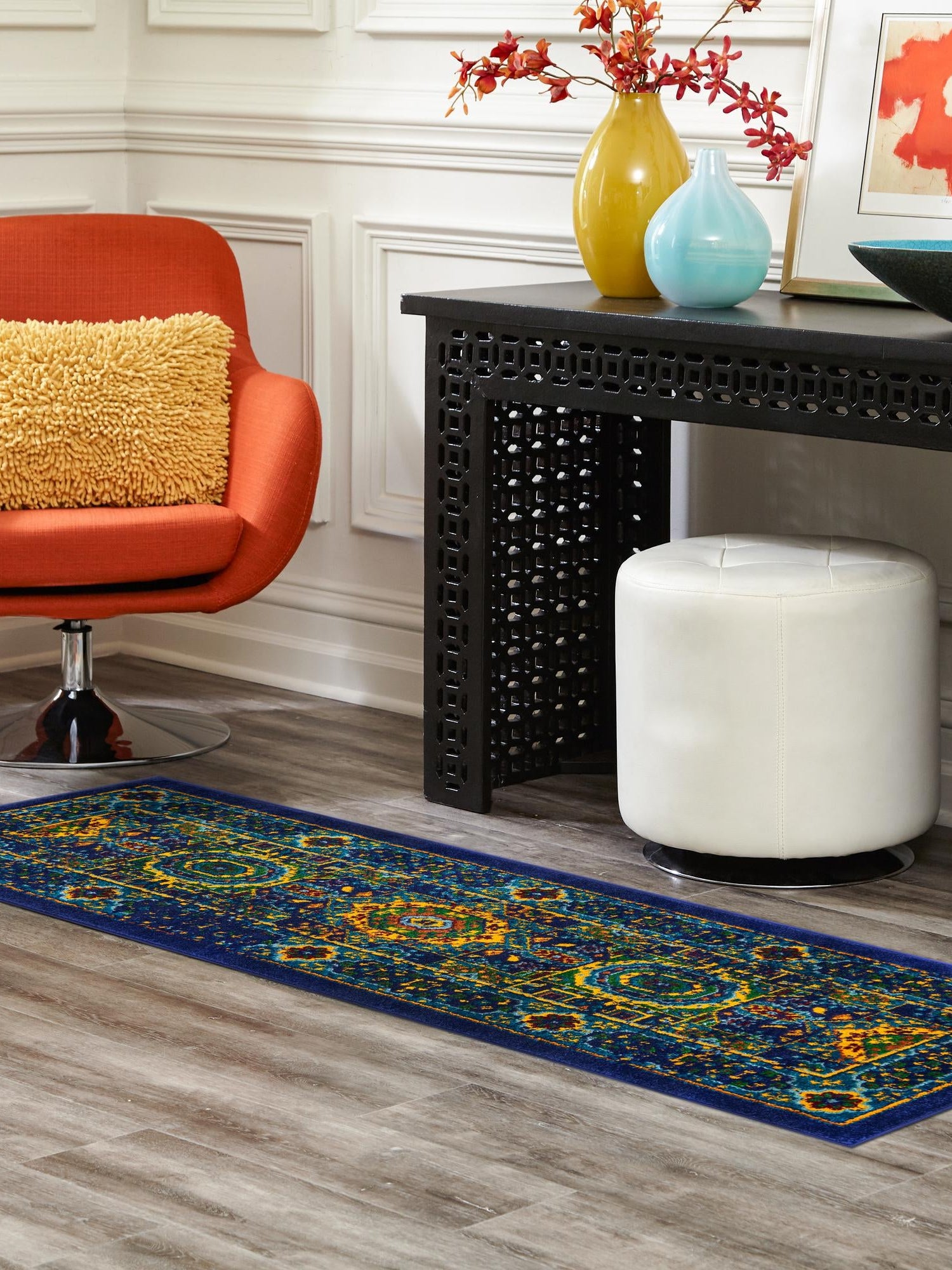 Navy Blue 2' 7 x 12' Calypso Runner Area Rug 100% Polypropylene With Cotton Backing Colorful Vivid Traditional Design Carpet for Living Office Dining Rooms for Sale at Rug Engine