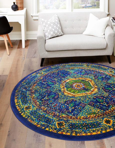Navy Blue 4' 1 x 4' 1 Calypso Round Area Rug 100% Polypropylene With Cotton Backing Colorful Vivid Traditional Design Carpet for Living Office Dining Rooms for Sale at Rug Engine