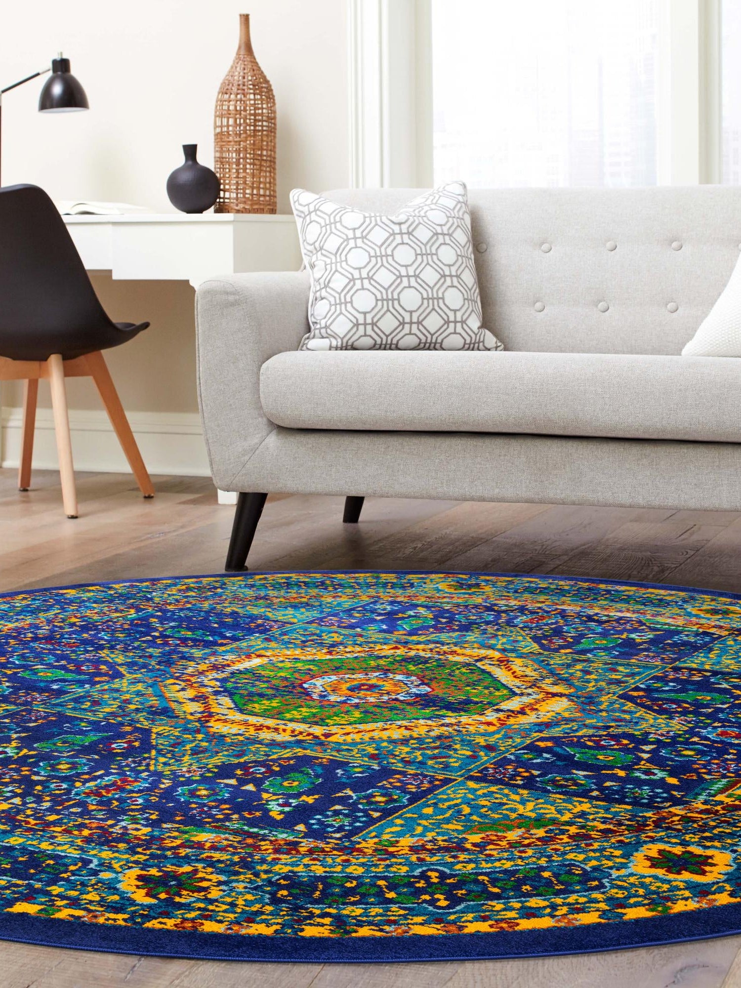 Navy Blue 4' 1 x 4' 1 Calypso Round Area Rug 100% Polypropylene With Cotton Backing Colorful Vivid Traditional Design Carpet for Living Office Dining Rooms for Sale at Rug Engine