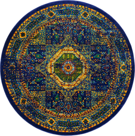 Navy Blue 7' 10 x 7' 10 Calypso Round Area Rug 100% Polypropylene With Cotton Backing Colorful Vivid Traditional Design Carpet for Living Office Dining Rooms for Sale at Rug Engine