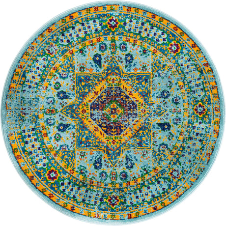 Aqua 4' 1 x 4' 1 Calypso Round Area Rug 100% Polypropylene With Cotton Backing Colorful Vivid Traditional Design Carpet for Living Office Dining Rooms for Sale at Rug Engine
