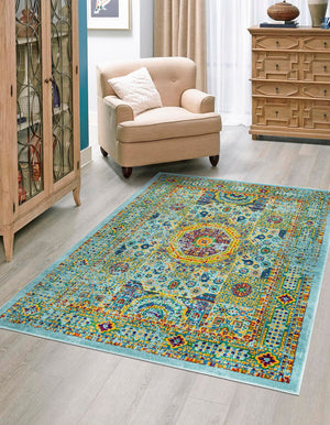 Aqua 5' 3 x 8' Calypso Rectangle Area Rug 100% Polypropylene With Cotton Backing Colorful Vivid Traditional Design Carpet for Living Office Dining Rooms for Sale at Rug Engine