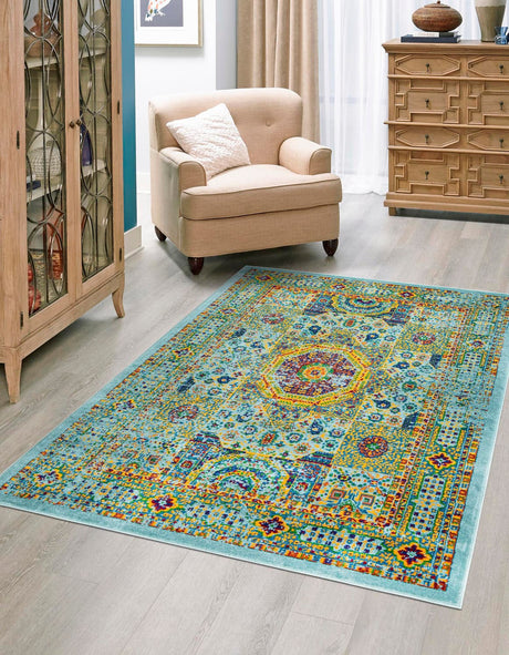 Aqua 5' 3 x 8' Calypso Rectangle Area Rug 100% Polypropylene With Cotton Backing Colorful Vivid Traditional Design Carpet for Living Office Dining Rooms for Sale at Rug Engine