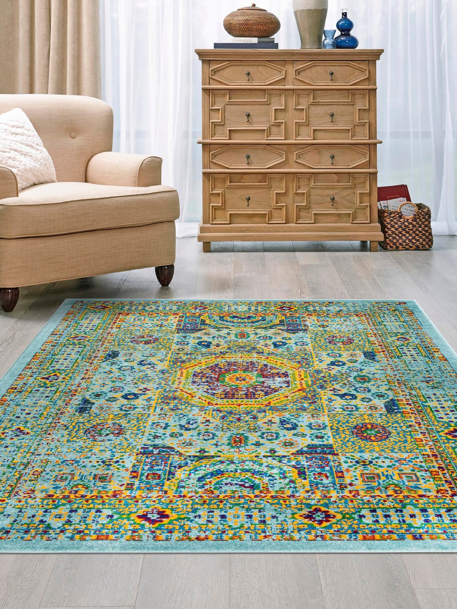 Aqua 5' 3 x 8' Calypso Rectangle Area Rug 100% Polypropylene With Cotton Backing Colorful Vivid Traditional Design Carpet for Living Office Dining Rooms for Sale at Rug Engine