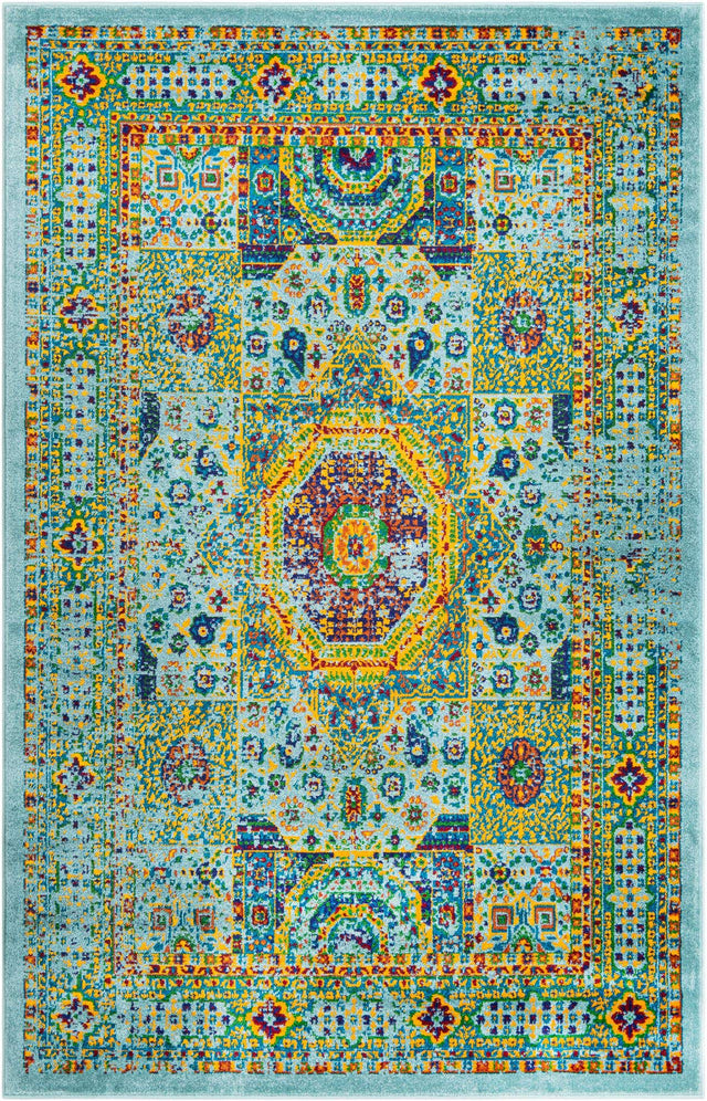 Aqua 5' 3 x 8' Calypso Rectangle Area Rug 100% Polypropylene With Cotton Backing Colorful Vivid Traditional Design Carpet for Living Office Dining Rooms for Sale at Rug Engine