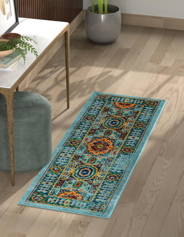 Aqua 2' 7 x 12' Calypso Runner Area Rug 100% Polypropylene With Cotton Backing Colorful Vivid Traditional Design Carpet for Living Office Dining Rooms for Sale at Rug Engine