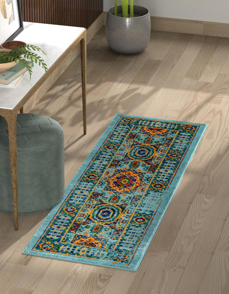 Aqua 2' x 6' 1 Calypso Runner Area Rug 100% Polypropylene With Cotton Backing Colorful Vivid Traditional Design Carpet for Living Office Dining Rooms for Sale at Rug Engine