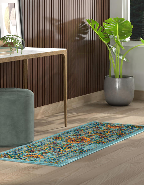 Aqua 2' 7 x 12' Calypso Runner Area Rug 100% Polypropylene With Cotton Backing Colorful Vivid Traditional Design Carpet for Living Office Dining Rooms for Sale at Rug Engine