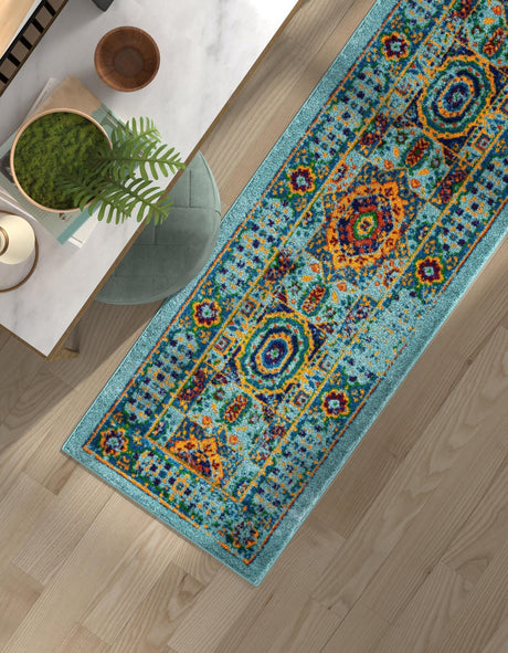 Aqua 2' x 6' 1 Calypso Runner Area Rug 100% Polypropylene With Cotton Backing Colorful Vivid Traditional Design Carpet for Living Office Dining Rooms for Sale at Rug Engine