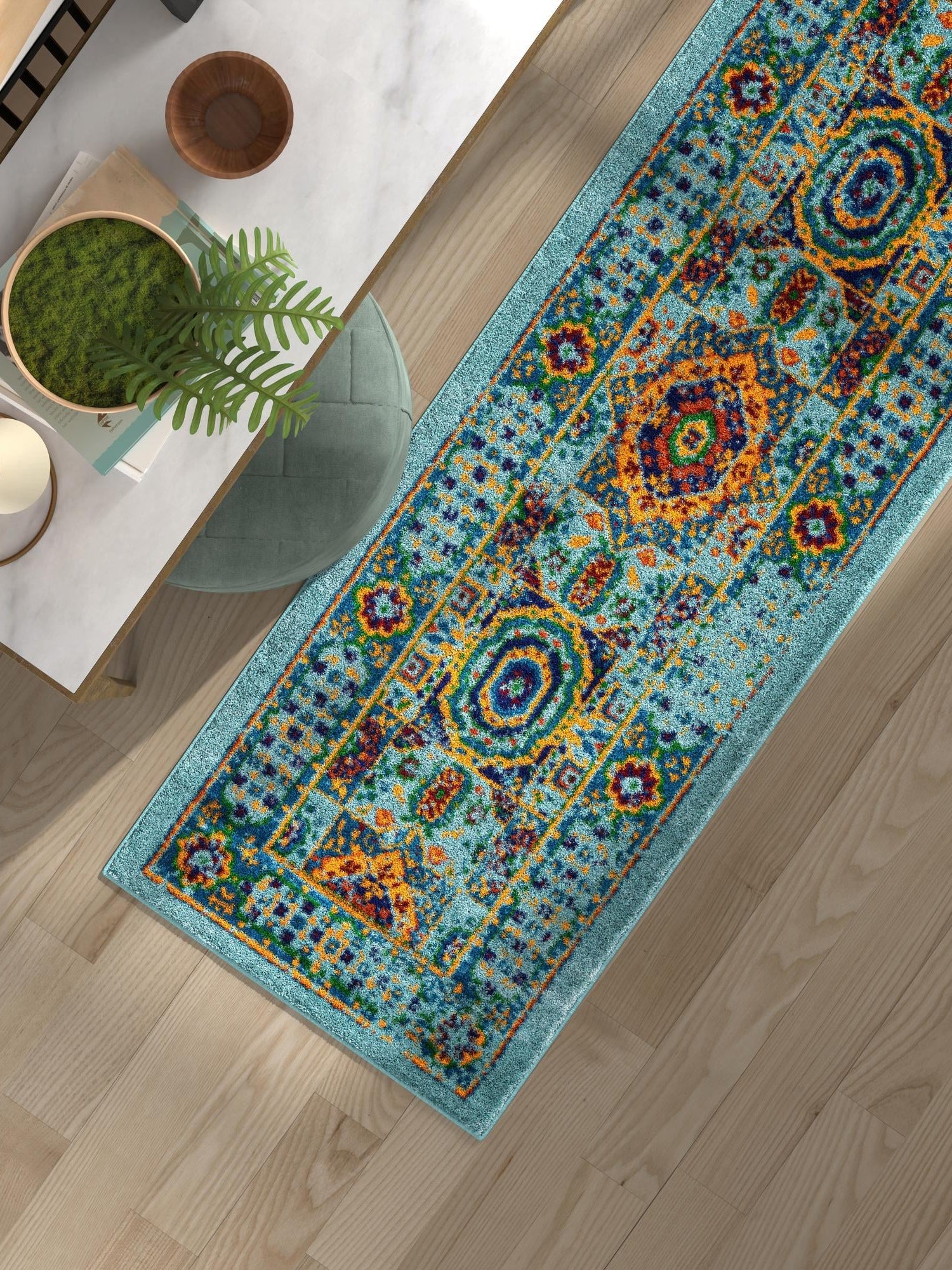 Aqua 2' 7 x 12' Calypso Runner Area Rug 100% Polypropylene With Cotton Backing Colorful Vivid Traditional Design Carpet for Living Office Dining Rooms for Sale at Rug Engine