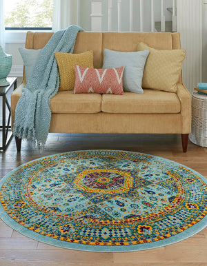 Aqua 7' 10 x 7' 10 Calypso Round Area Rug 100% Polypropylene With Cotton Backing Colorful Vivid Traditional Design Carpet for Living Office Dining Rooms for Sale at Rug Engine