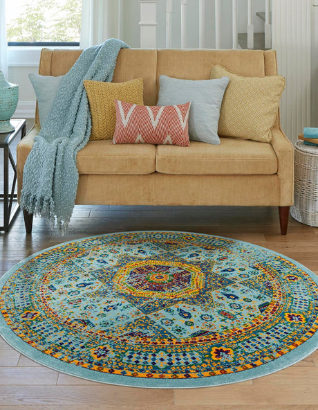 Aqua 7' 10 x 7' 10 Calypso Round Area Rug 100% Polypropylene With Cotton Backing Colorful Vivid Traditional Design Carpet for Living Office Dining Rooms for Sale at Rug Engine