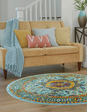 Aqua 4' 1 x 4' 1 Calypso Round Area Rug 100% Polypropylene With Cotton Backing Colorful Vivid Traditional Design Carpet for Living Office Dining Rooms for Sale at Rug Engine