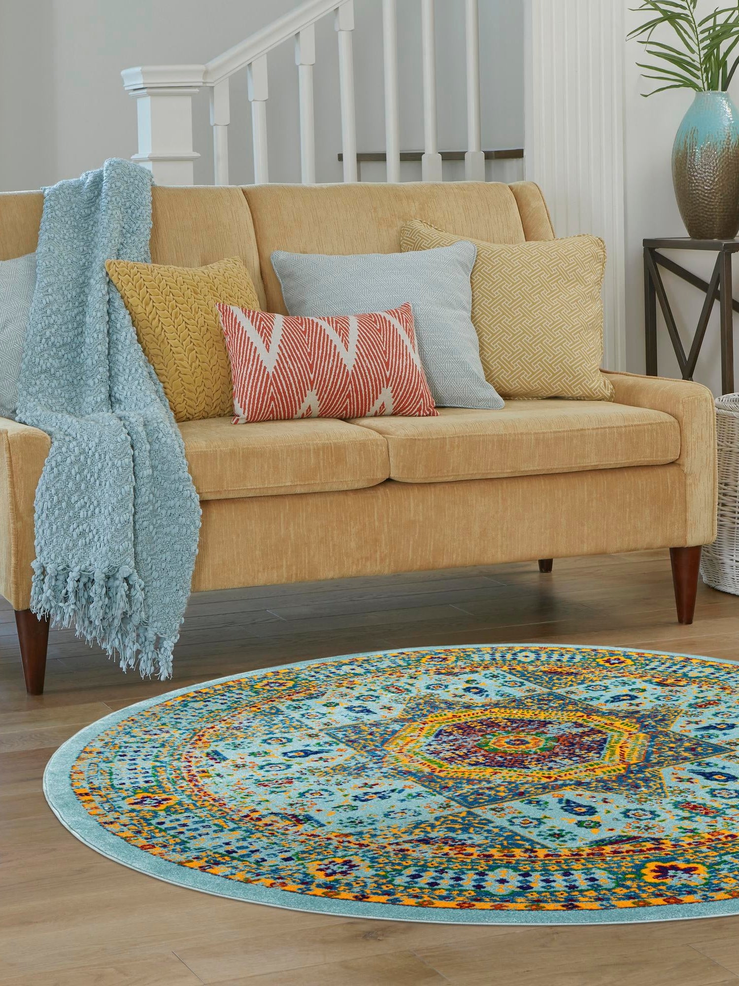 Aqua 7' 10 x 7' 10 Calypso Round Area Rug 100% Polypropylene With Cotton Backing Colorful Vivid Traditional Design Carpet for Living Office Dining Rooms for Sale at Rug Engine