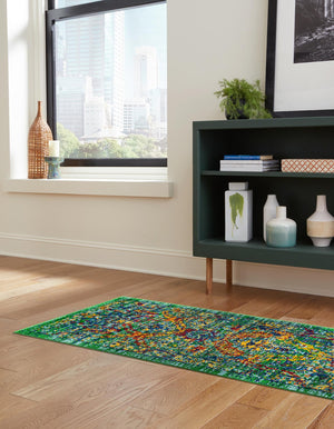 Green 2' 7 x 12' Calypso Runner Area Rug 100% Polypropylene With Cotton Backing Colorful Vivid Traditional Design Carpet for Living Office Dining Rooms for Sale at Rug Engine