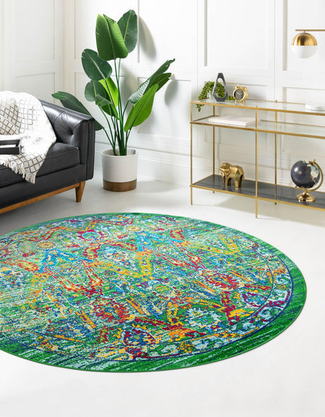 Green 4' 1 x 4' 1 Calypso Round Area Rug 100% Polypropylene With Cotton Backing Colorful Vivid Traditional Design Carpet for Living Office Dining Rooms for Sale at Rug Engine
