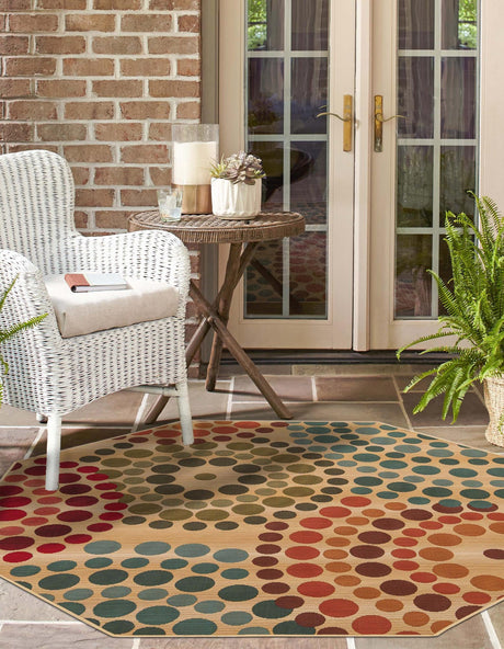 Beige 7' 10 x 7' 10 Outdoor Modern Octagon Area Rug Weather Resistant for Patio, Deck, Terrace, Balcony, Porch 100% Polypropylene Modern Outside Carpet for Sale at Rug Engine