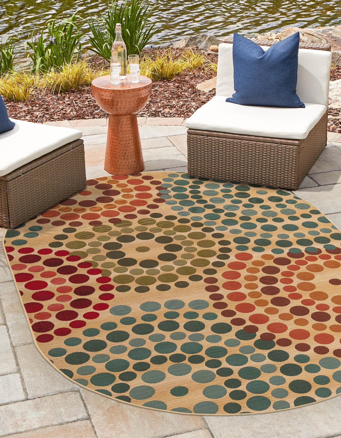 Beige 2' 2 x 3' 1 Outdoor Modern Oval Area Rug Weather Resistant for Patio, Deck, Terrace, Balcony, Porch 100% Polypropylene Modern Outside Carpet for Sale at Rug Engine