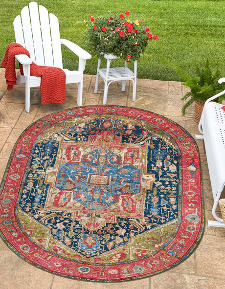 Multicolor 5' 3 x 8' Outdoor Traditional Oval Area Rug Weather Resistant for Patio, Deck, Terrace, Balcony, Porch