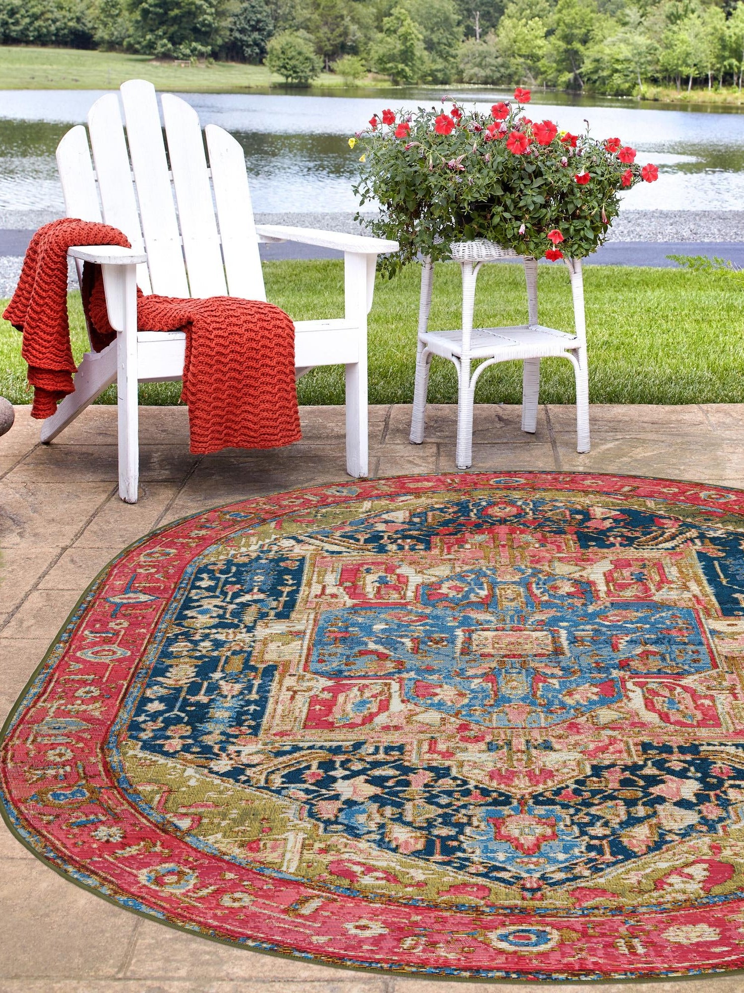 Multicolor 5' 3 x 8' Outdoor Traditional Oval Area Rug Weather Resistant for Patio, Deck, Terrace, Balcony, Porch Classical Design Outside Carpet for Sale at Rug Engine