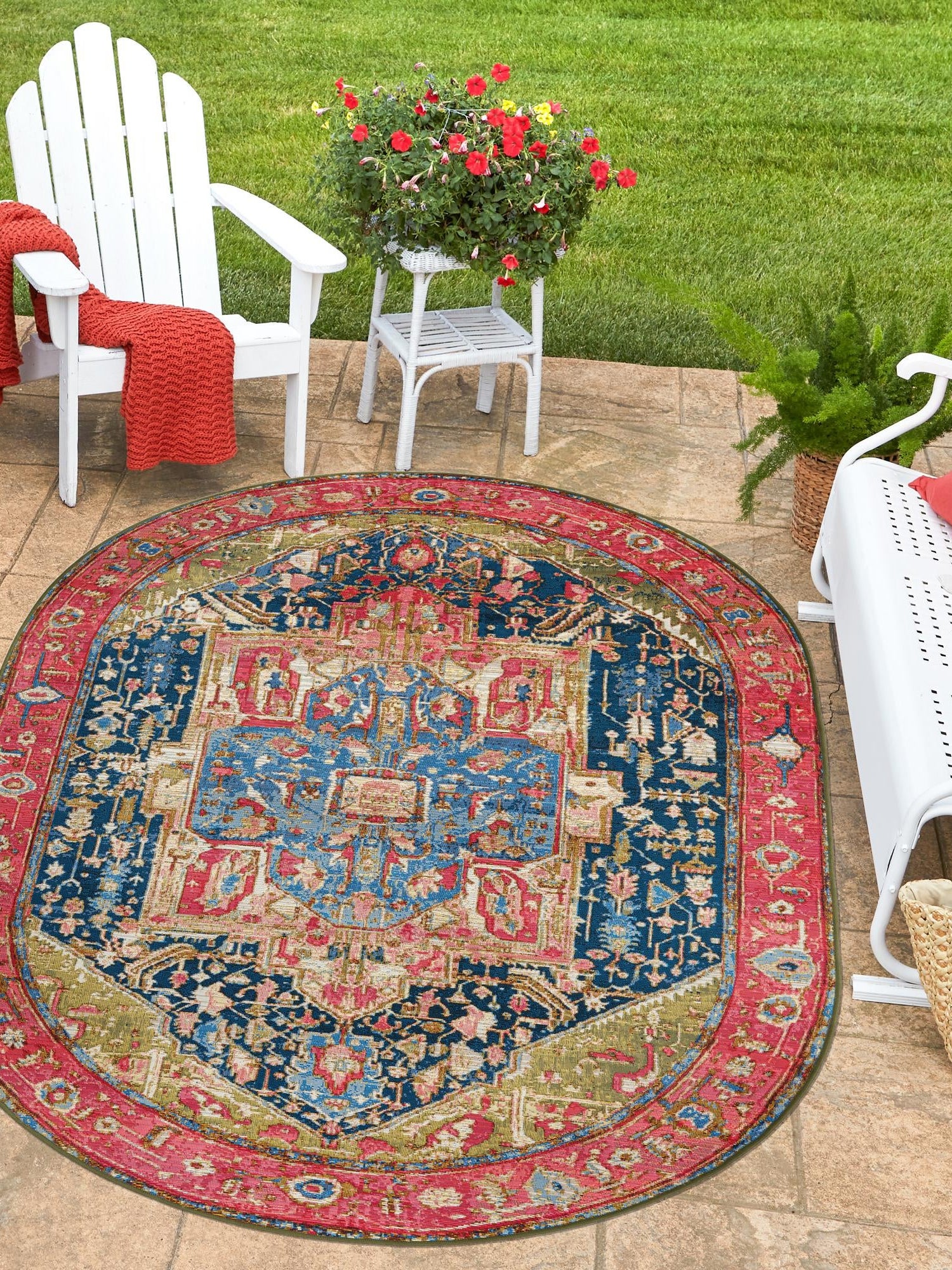 Multicolor 5' 3 x 8' Outdoor Traditional Oval Area Rug Weather Resistant for Patio, Deck, Terrace, Balcony, Porch Classical Design Outside Carpet for Sale at Rug Engine
