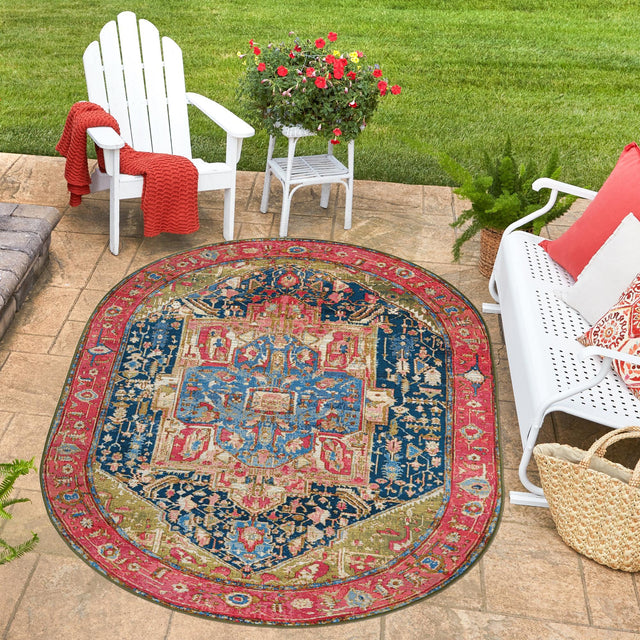 Multicolor 5' 3 x 8' Outdoor Traditional Oval Area Rug Weather Resistant for Patio, Deck, Terrace, Balcony, Porch