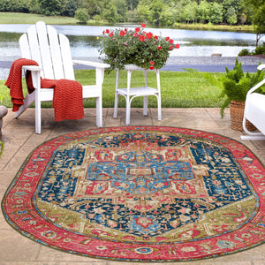 Multicolor 7' 10 x 10' Outdoor Traditional Oval Area Rug Weather Resistant for Patio, Deck, Terrace, Balcony, Porch Classical Design Outside Carpet for Sale at Rug Engine