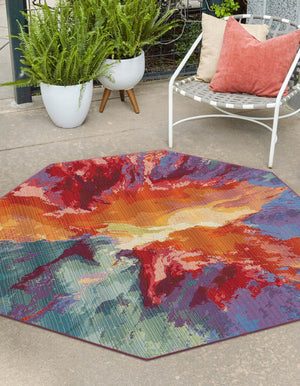 Multicolor 5' 3 x 5' 3 Outdoor Modern Octagon Area Rug Weather Resistant for Patio, Deck, Terrace, Balcony, Porch 100% Polypropylene Modern Outside Carpet for Sale at Rug Engine