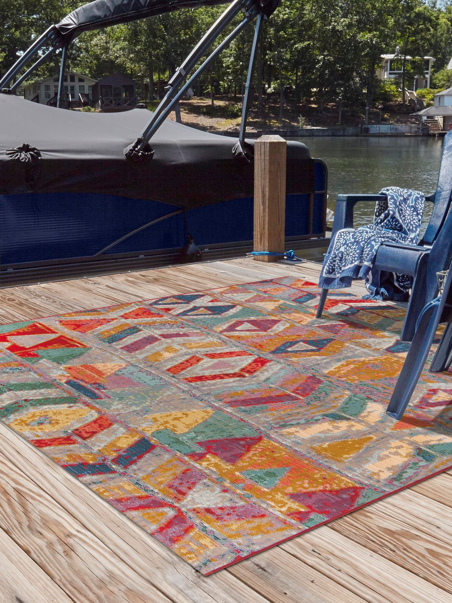 Multicolor 5' 3 x 5' 3 Outdoor Modern Square Area Rug Weather Resistant for Patio, Deck, Terrace, Balcony, Porch 100% Polypropylene Modern Outside Carpet for Sale at Rug Engine