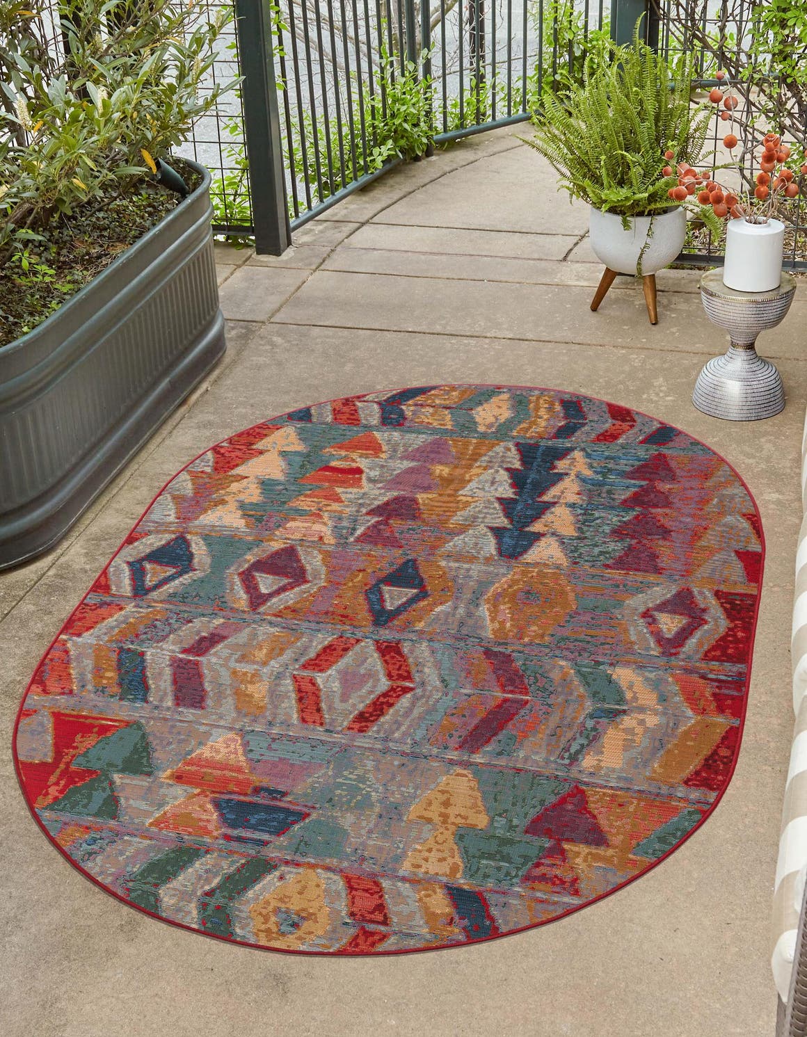 Multicolor 2' 2 x 3' 1 Outdoor Modern Oval Area Rug Weather Resistant for Patio, Deck, Terrace, Balcony, Porch 100% Polypropylene Modern Outside Carpet for Sale at Rug Engine