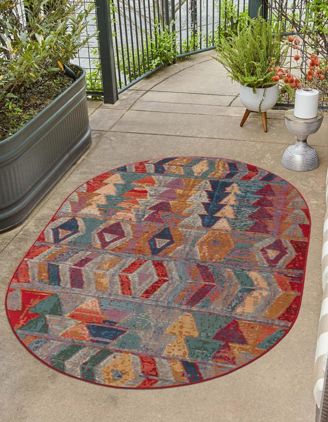 Multicolor 5' 3 x 8' Outdoor Modern Oval Area Rug Weather Resistant for Patio, Deck, Terrace, Balcony, Porch 100% Polypropylene Modern Outside Carpet for Sale at Rug Engine