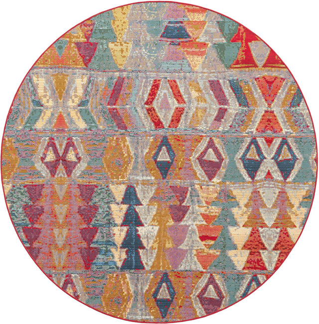 Multicolor 7' 1 x 7' 1 Outdoor Modern Round Area Rug Weather Resistant for Patio, Deck, Terrace, Balcony, Porch 100% Polypropylene Modern Outside Carpet for Sale at Rug Engine