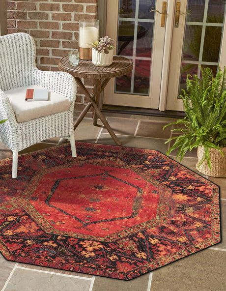 Multicolor 5' 3 x 5' 3 Outdoor Tribal Octagon Area Rug Weather Resistant for Patio, Deck, Terrace, Balcony, Porch