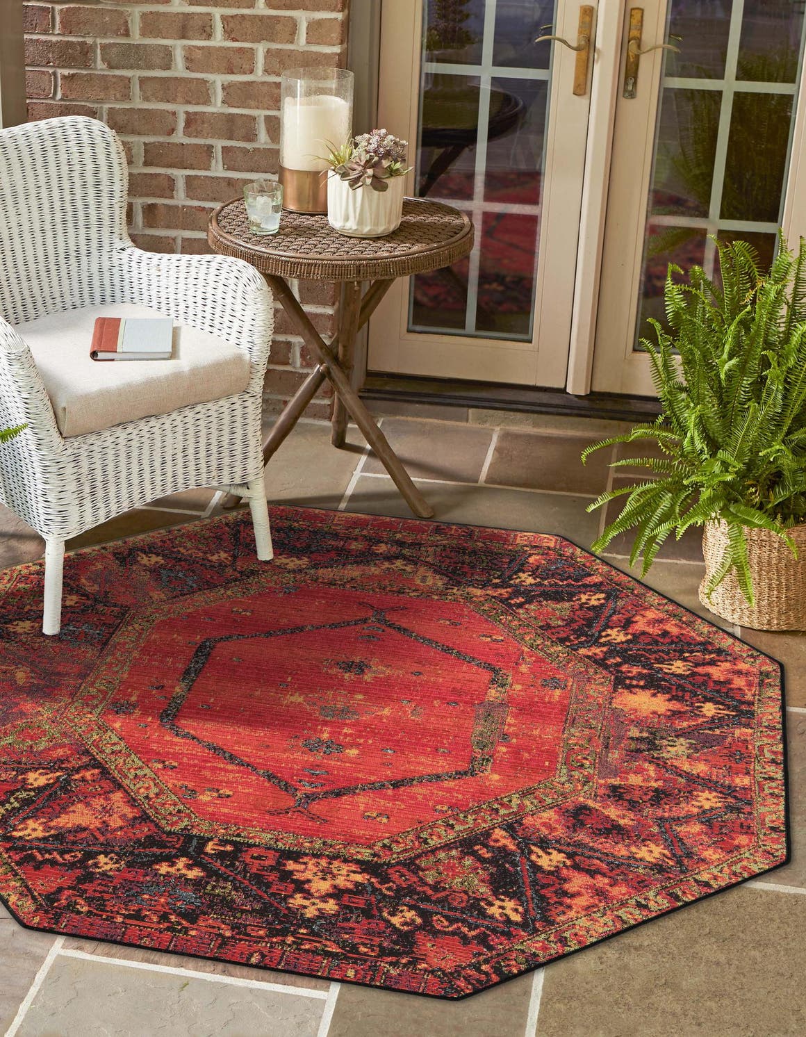 Multicolor 7' 1 x 7' 1 Outdoor Tribal Octagon Area Rug Weather Resistant for Patio, Deck, Terrace, Balcony, Porch Traditional Design Water Safe Outside Carpet for Sale at Rug Engine