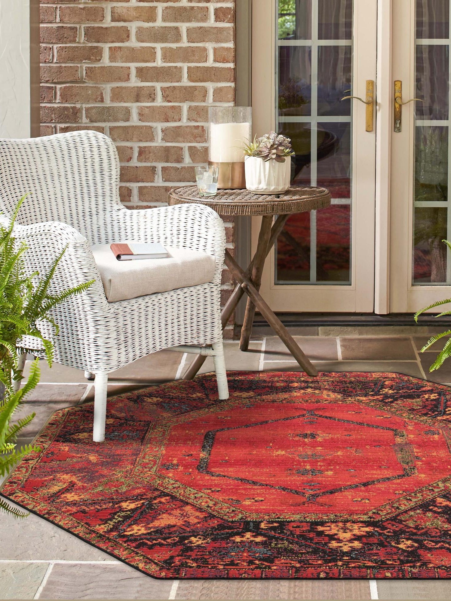 Multicolor 7' 1 x 7' 1 Outdoor Tribal Octagon Area Rug Weather Resistant for Patio, Deck, Terrace, Balcony, Porch Traditional Design Water Safe Outside Carpet for Sale at Rug Engine