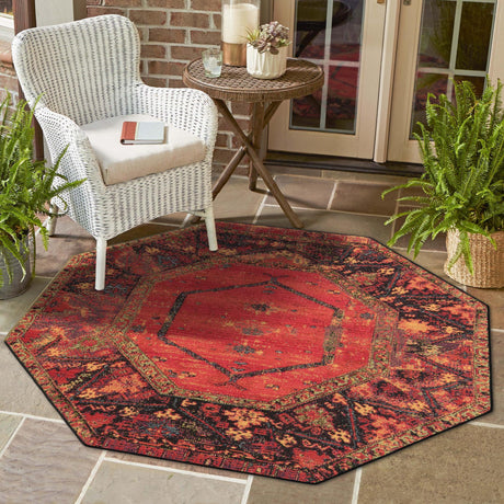 Multicolor 5' 3 x 5' 3 Outdoor Tribal Octagon Area Rug Weather Resistant for Patio, Deck, Terrace, Balcony, Porch Traditional Design Water Safe Outside Carpet for Sale at Rug Engine