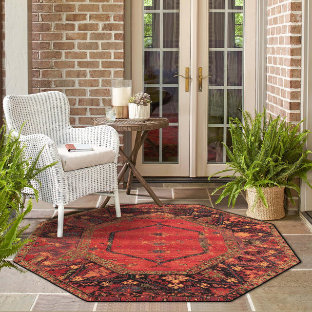 Multicolor 7' 10 x 7' 10 Outdoor Tribal Octagon Area Rug Weather Resistant for Patio, Deck, Terrace, Balcony, Porch Traditional Design Water Safe Outside Carpet for Sale at Rug Engine