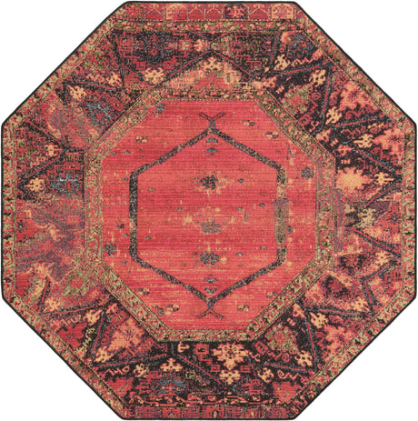 Multicolor 5' 3 x 5' 3 Outdoor Tribal Octagon Area Rug Weather Resistant for Patio, Deck, Terrace, Balcony, Porch