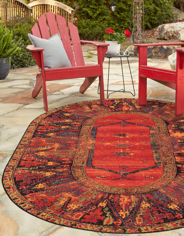 Multicolor 4' 1 x 6' 1 Outdoor Tribal Oval Area Rug Weather Resistant for Patio, Deck, Terrace, Balcony, Porch Traditional Design Water Safe Outside Carpet for Sale at Rug Engine