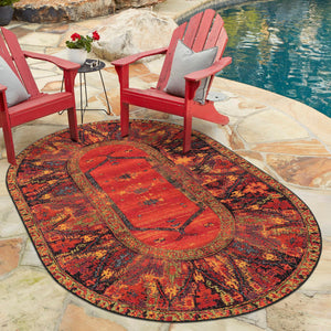 Multicolor 5' 3 x 8' Outdoor Tribal Oval Area Rug Weather Resistant for Patio, Deck, Terrace, Balcony, Porch Traditional Design Water Safe Outside Carpet for Sale at Rug Engine