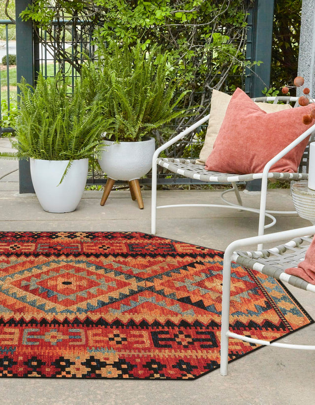 Multicolor 7' 10 x 7' 10 Outdoor Tribal Octagon Area Rug Weather Resistant for Patio, Deck, Terrace, Balcony, Porch Traditional Design Water Safe Outside Carpet for Sale at Rug Engine