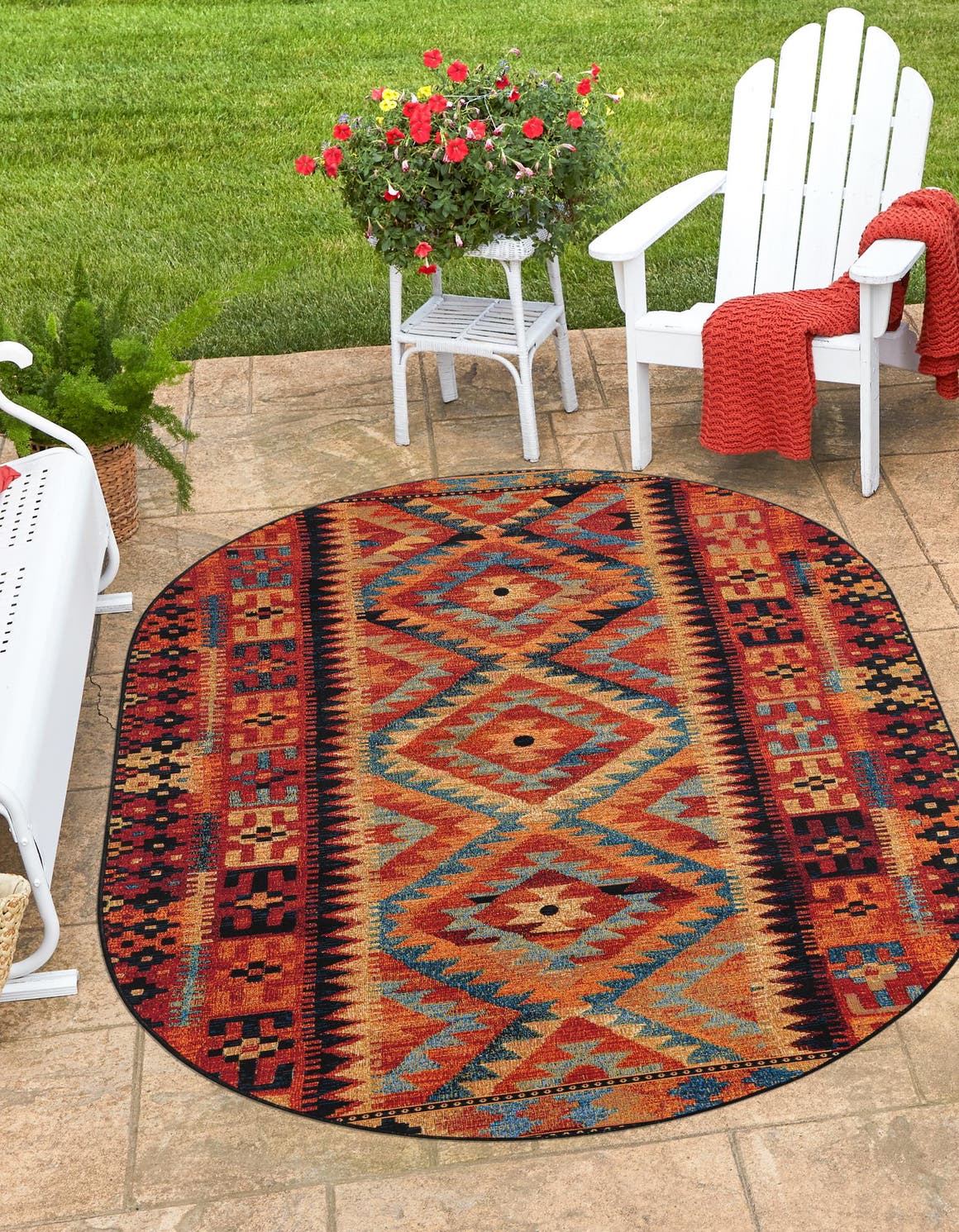 Multicolor 2' 2 x 3' 1 Outdoor Tribal Oval Area Rug Weather Resistant for Patio, Deck, Terrace, Balcony, Porch Traditional Design Water Safe Outside Carpet for Sale at Rug Engine